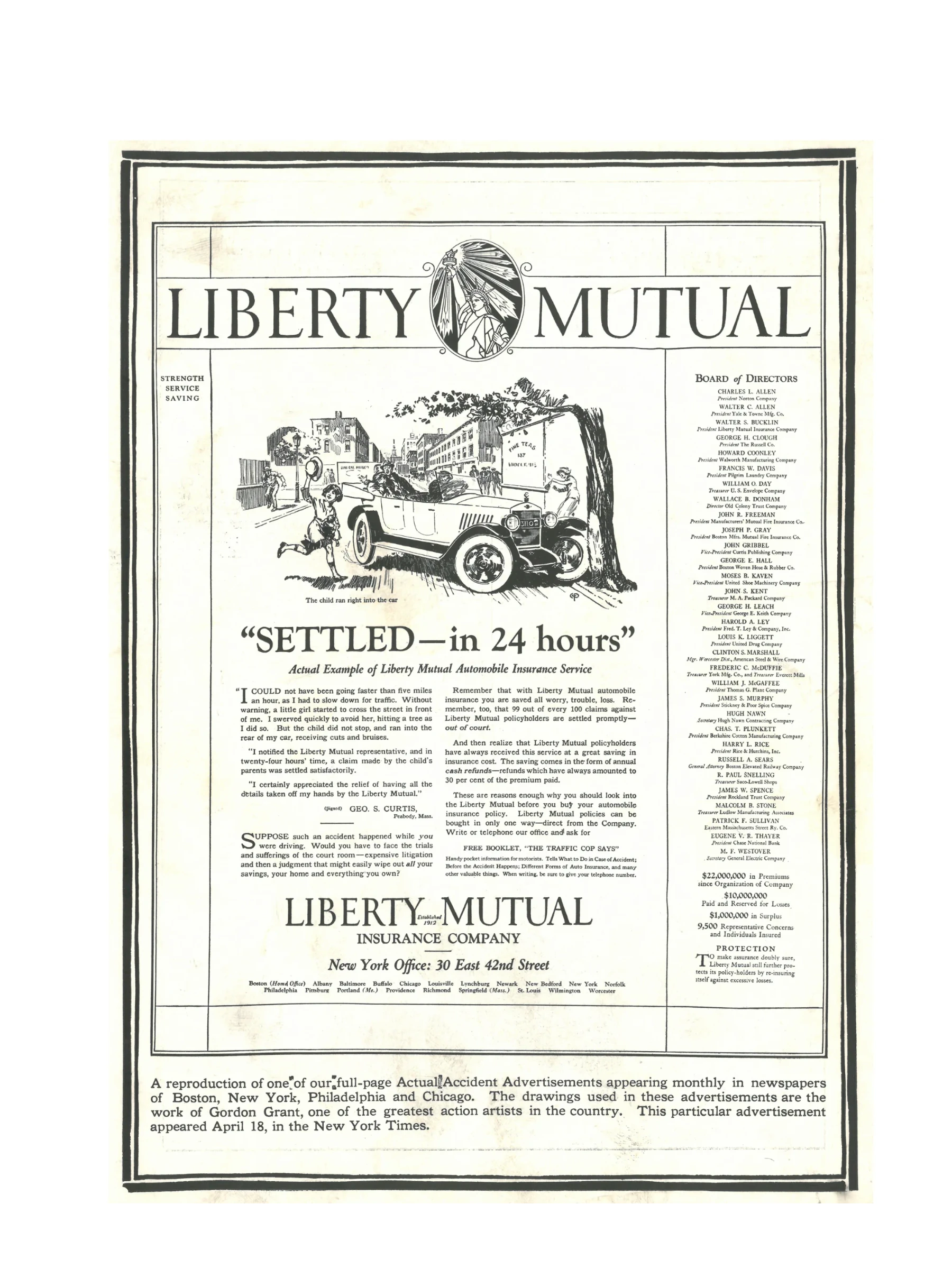 A Liberty Mutual Insurance Company newspaper style advertisement featuring a cartoon depiction of an early 20th-century car crashing into a tree. Below, a headline reads, “SETTLED—in 24 hours.”
