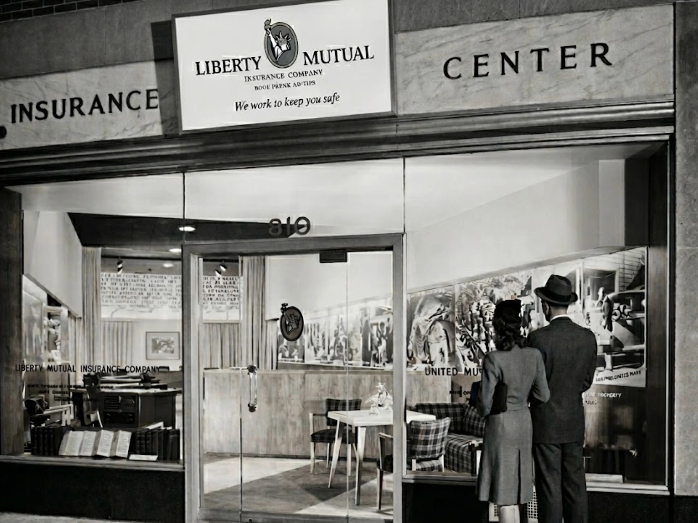 Black and white photo shows the backs of a couple looking at the window display of a storefront in 1947. The store sign reads "Liberty Mutual Insurance Center."