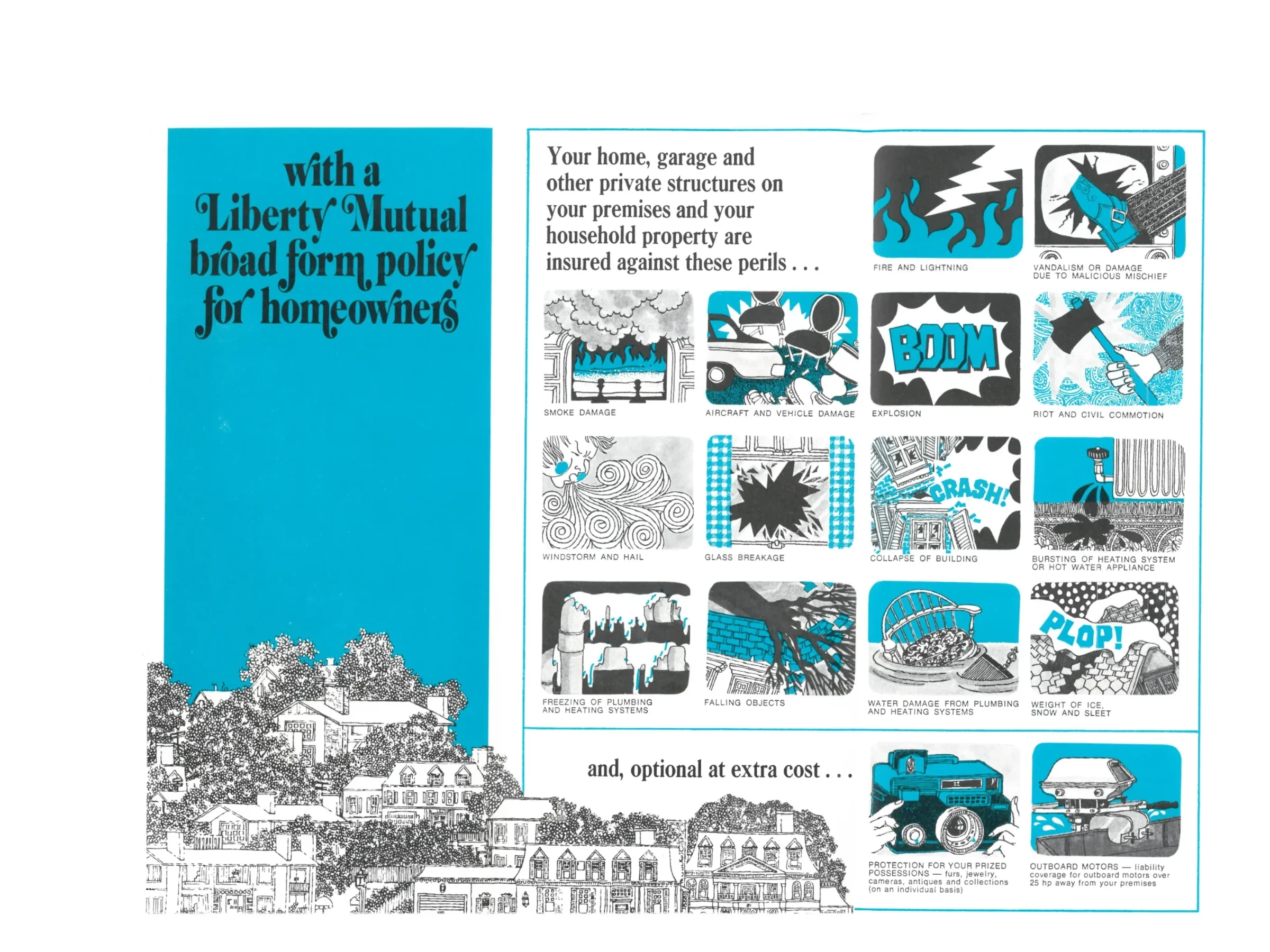 A Liberty Mutual homeowners insurance ad with comic book style illustrations of covered perils and coverages on a turquoise background with black text.