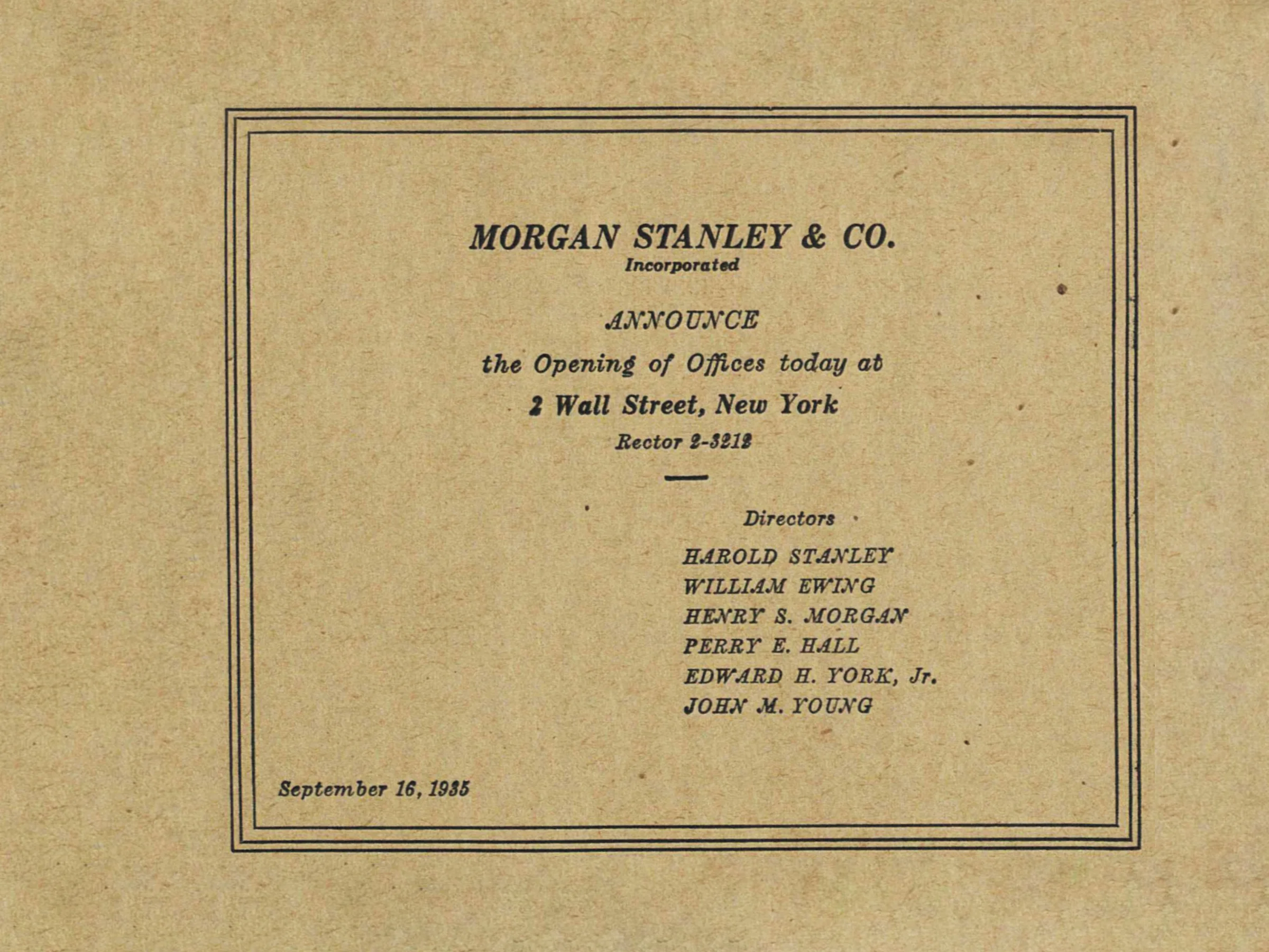 A sepia-toned vintage announcement card from Morgan Stanley & Co. about the opening of their office at 2 Wall Street, New York, dated September 16, 1935.