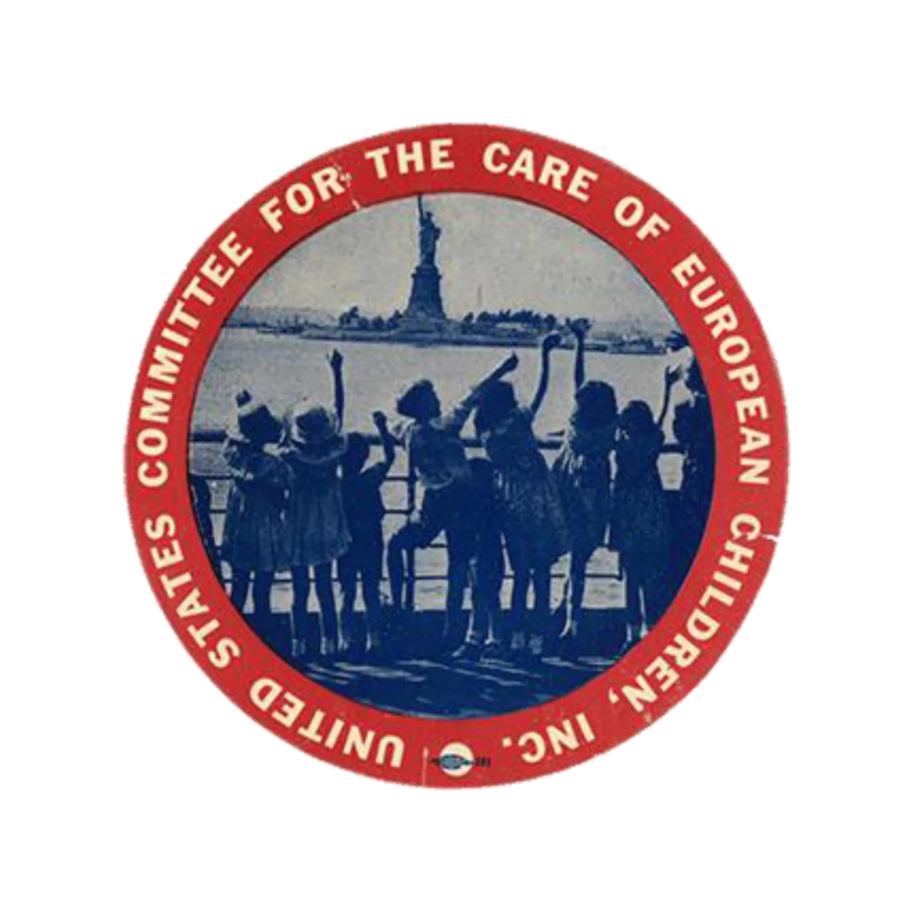 A circular seal depicting silhouetted children with raised arms against the Statue of Liberty, encircled in red. Text around the border reads, "UNITED STATES COMMITTEE FOR THE CARE OF EUROPEAN CHILDREN, INC."