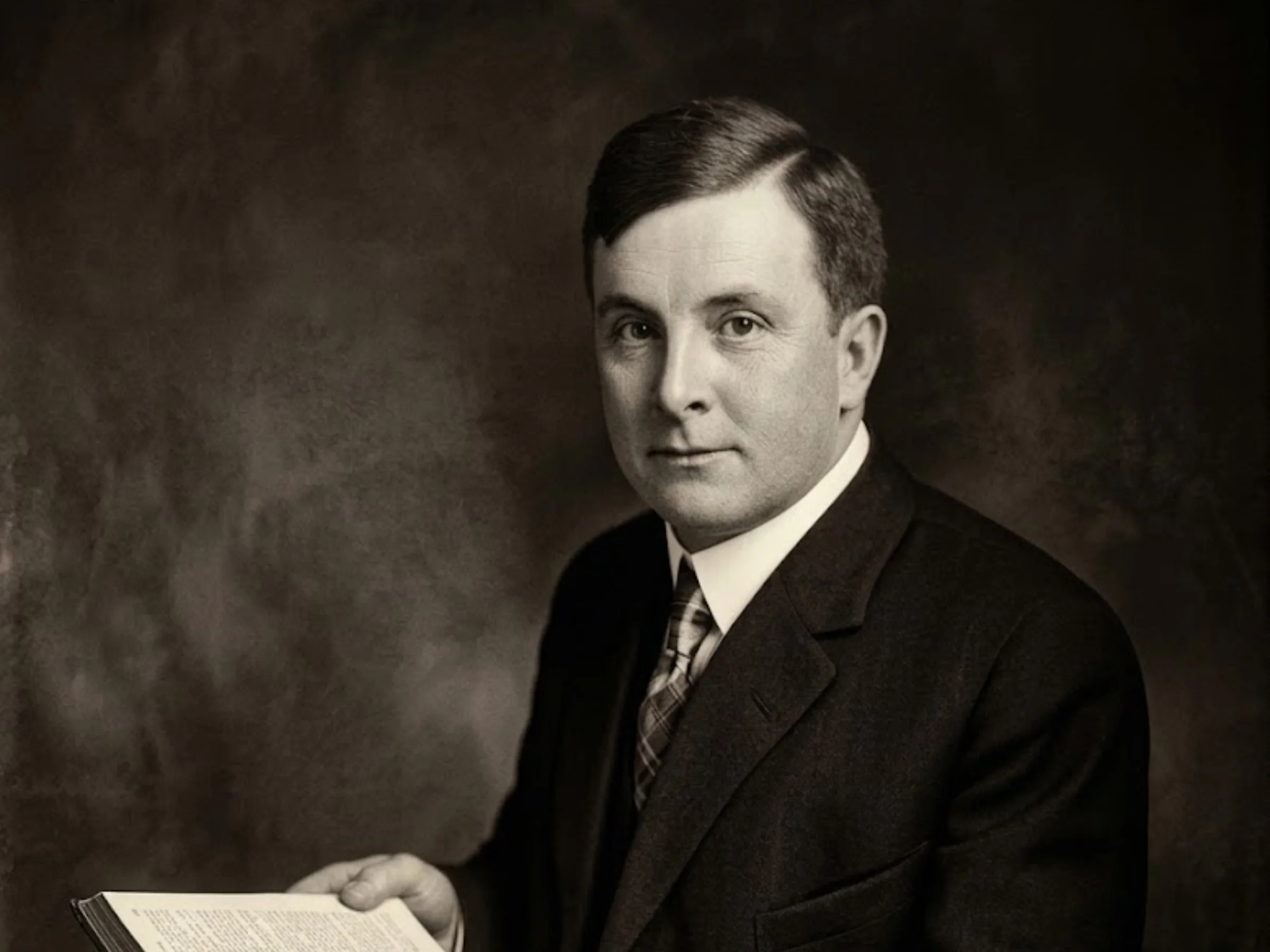 Early 20th-century sepia-toned portrait of a light-skinned man in a dark suit jacket, white dress shirt, and tie. His body is turned slightly left while his face is turned toward the camera.