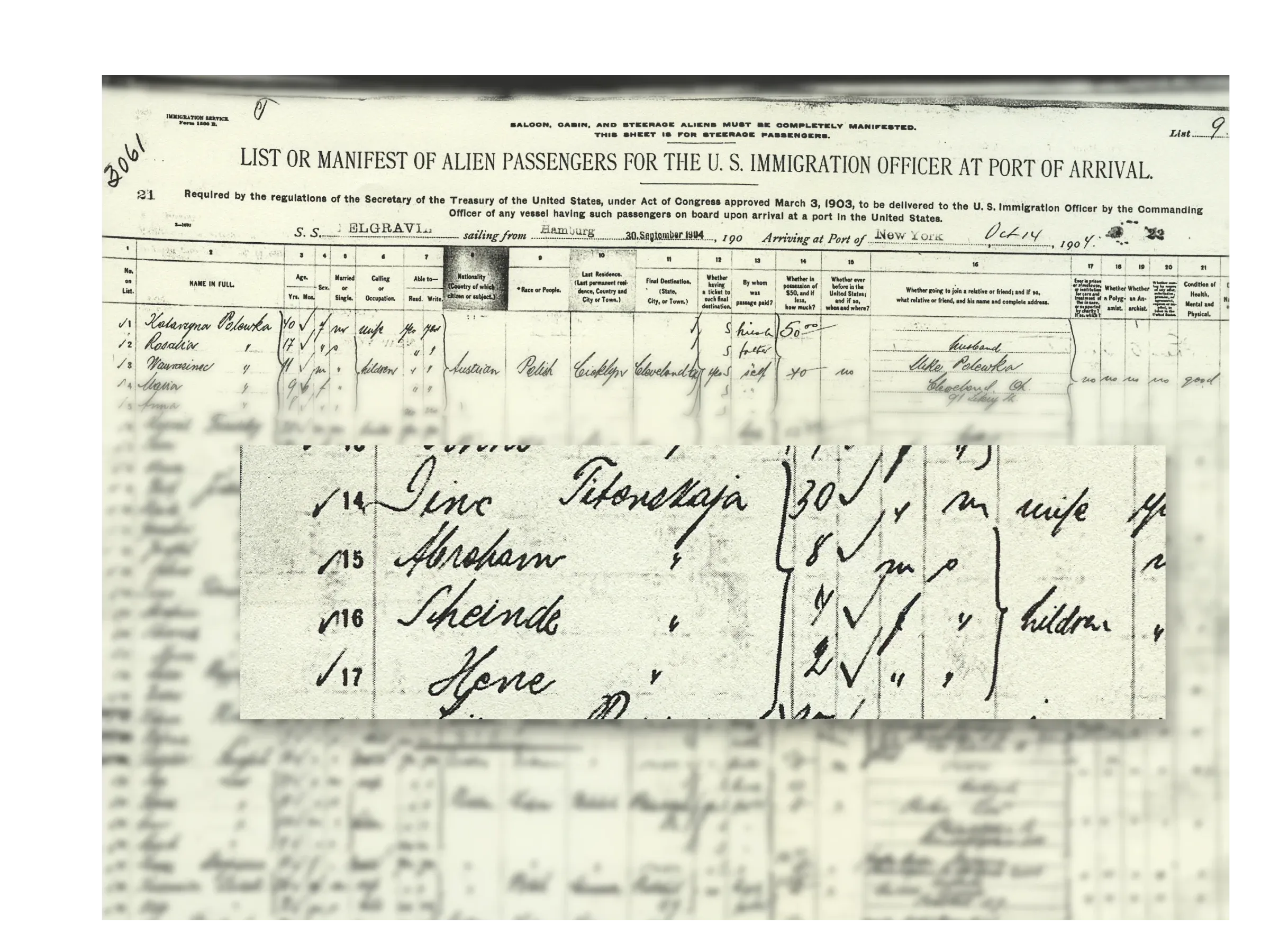 Historical immigration manifest showing handwritten details of immigrant passengers arriving in the U.S., including names and ages. An inset image, against a blurred background, magnifies selected entries written in cursive.