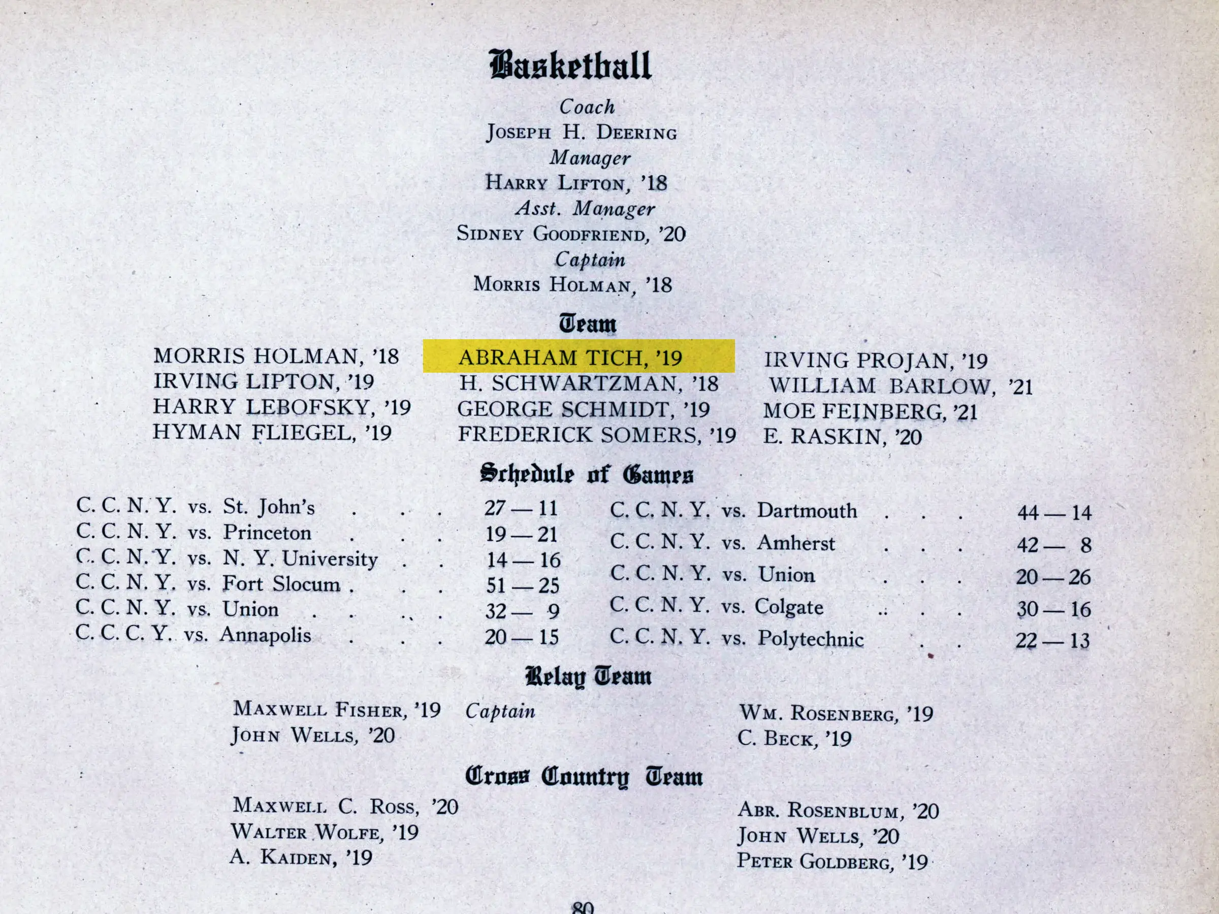 A vintage basketball team roster with player names, game schedules, and scores. The name "ABRAHAM TICH, '19" is highlighted in yellow.
