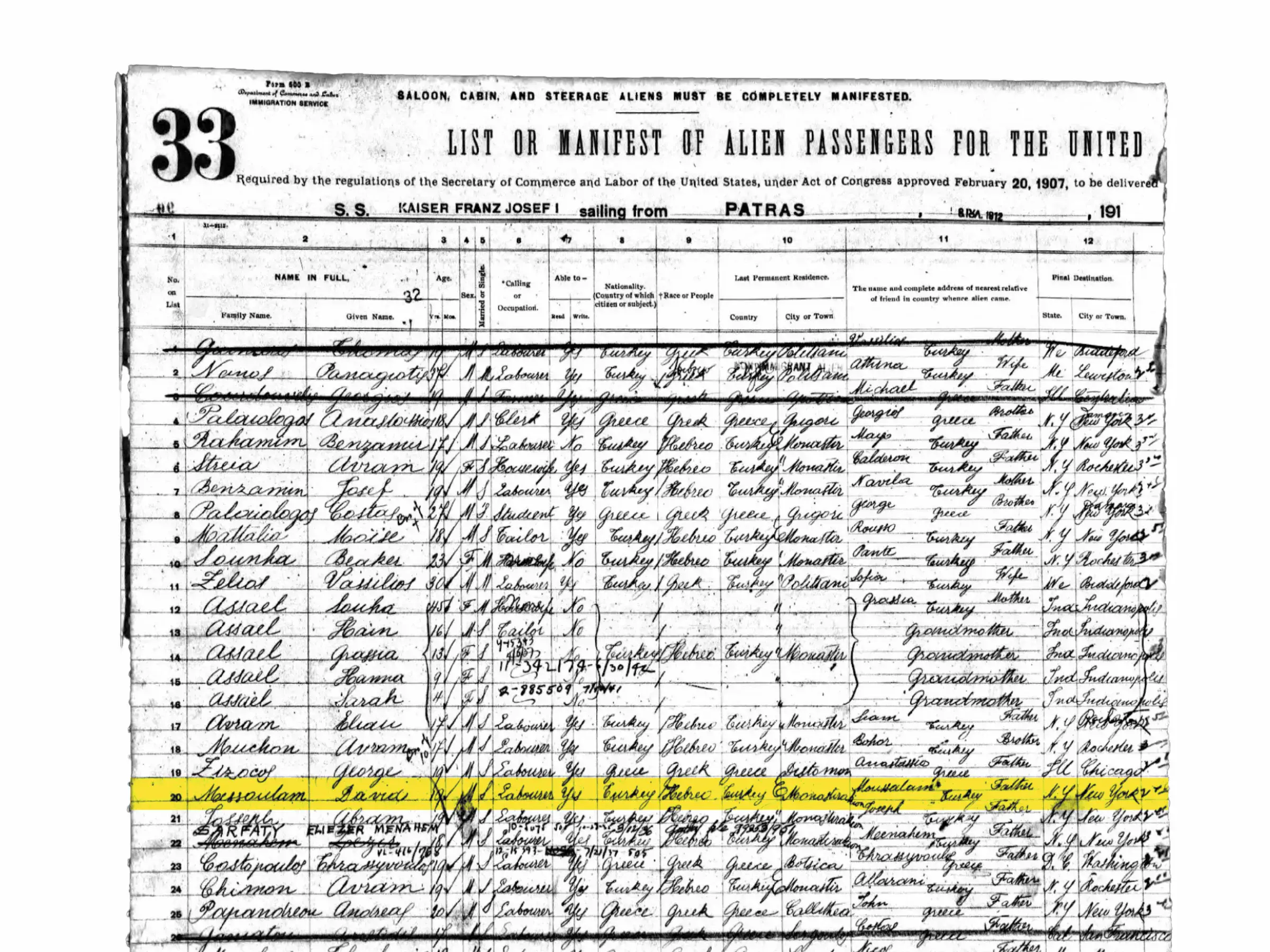 Page from a 1907 ship manifest for the S.S. Kaiser Franz Josef, listing passengers arriving at a U.S. port. The rows of passenger details are written in cursive, and one of them is highlighted in yellow.