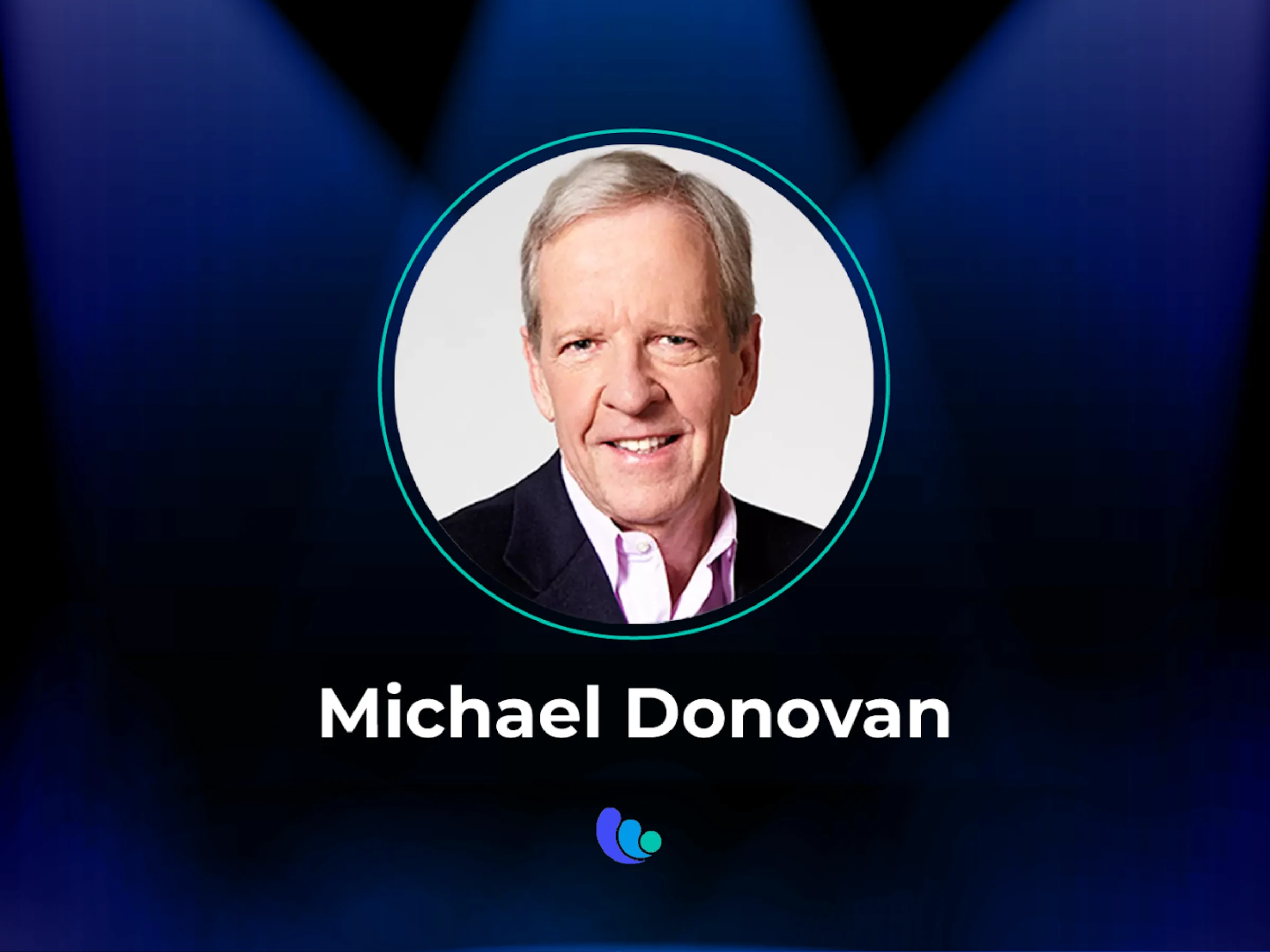 A headshot of Michael Donovan, a white middle-aged man, is framed in a circle against a dark blue background. His name is printed in white letters below the photo and above the mediaocean company logo.