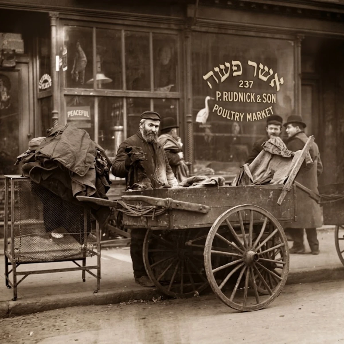 Sepia-toned photograph of a white, bearded man standing beside a wooden cart piled with clothes, in front of a shop with the sign "P. Rudnick & Son Poultry Market" printed below Hebrew letters.