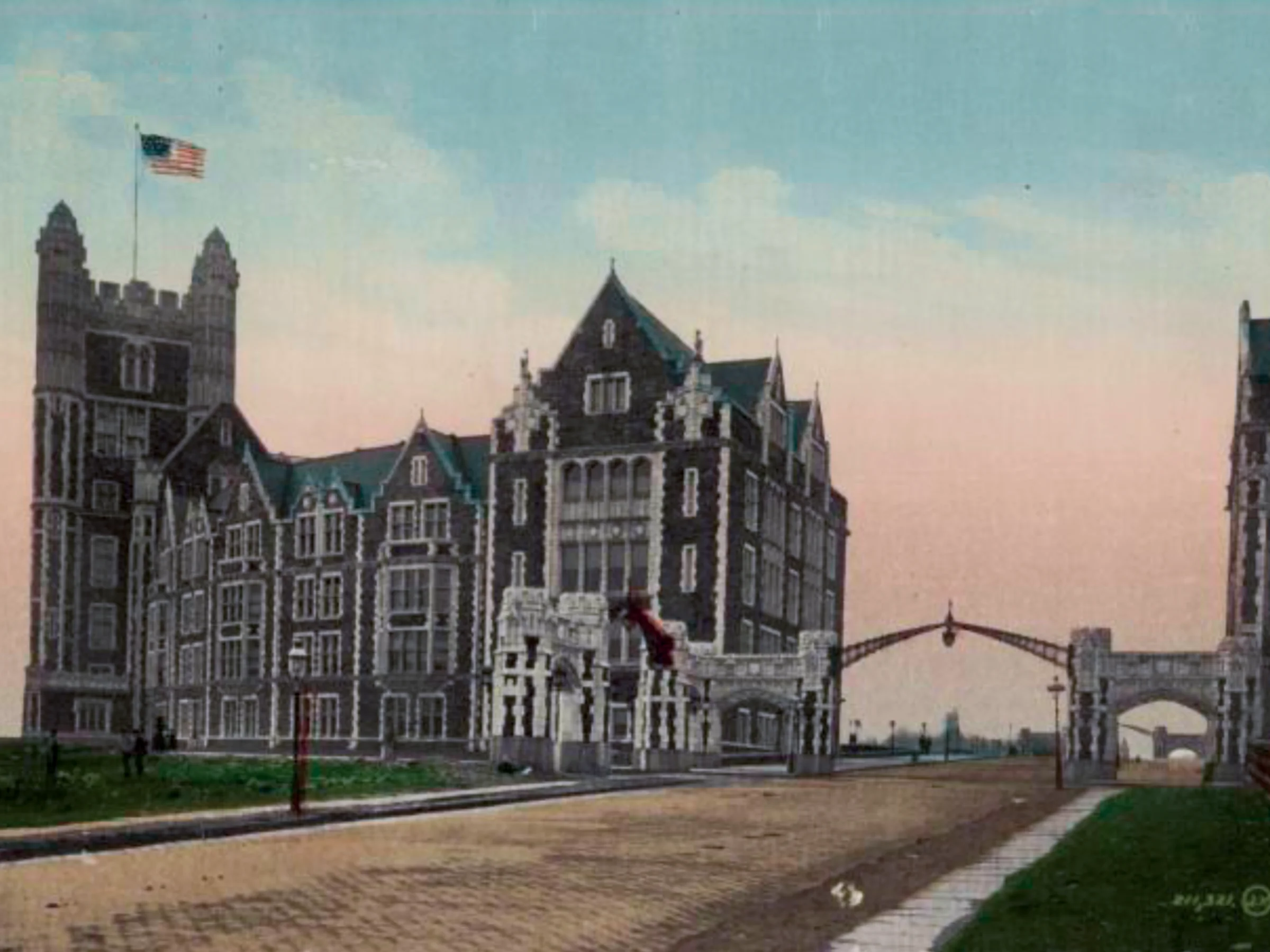 A vintage, colored photo shows the historical view of New York City College's entrance. It features cobblestone avenue, an arched stone entrance, and two grand buildings with decorative architecture and an American flag on top.