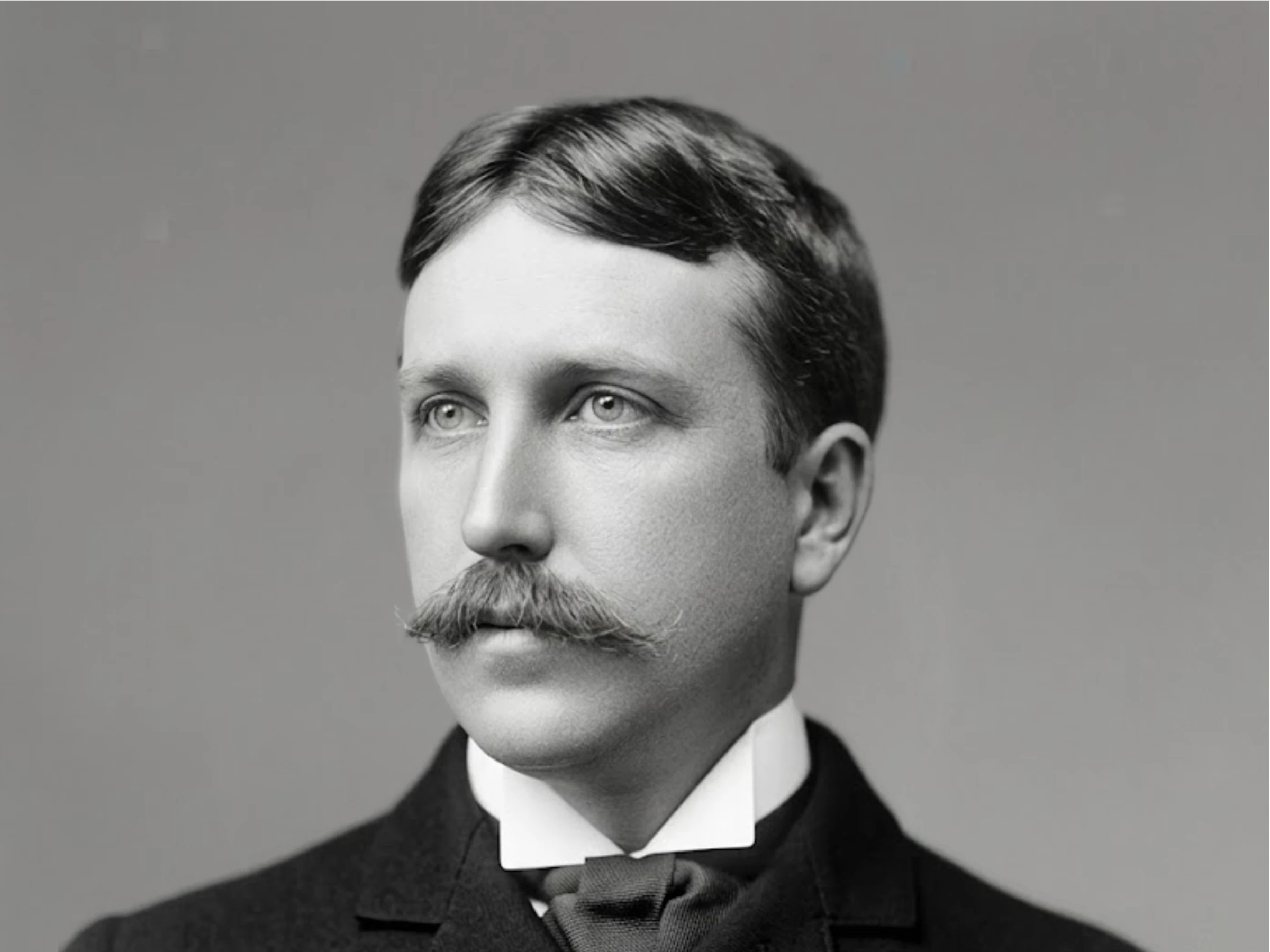 A black and white headshot of a light-skinned man with a mustache, wearing a dark suit with a white shirt and a black bow tie, against a neutral background.