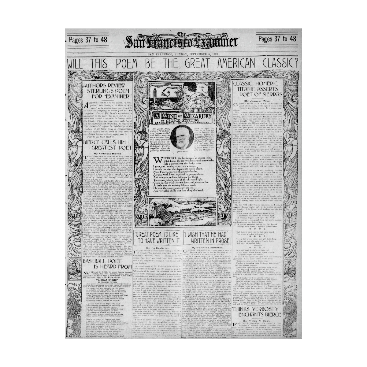 A 1907 black and white San Francisco Examiner front page with the headline "WILL THIS POEM BE THE GREAT AMERICAN CLASSIC?" and a portrait of George Sterling next to "A WINE of WIZARDRY." The text-heavy layout is bordered by ornate floral and abstract motifs.