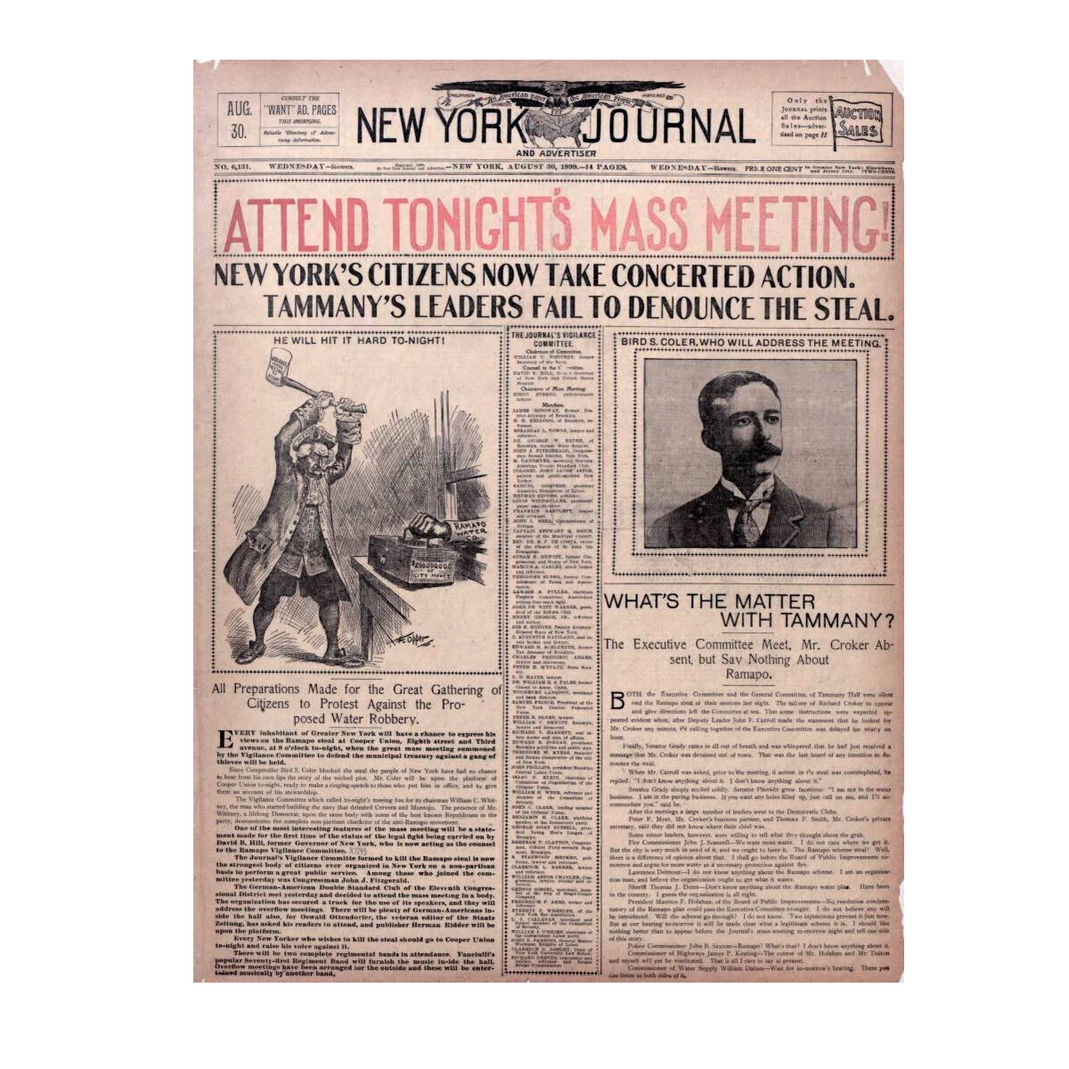 A sepia-toned historical newspaper front page from the "New York Journal" from August 30, featuring a cartoon of a man with a hammer, a photo of Bird S. Coler, and headlines about a mass meeting addressing water theft.