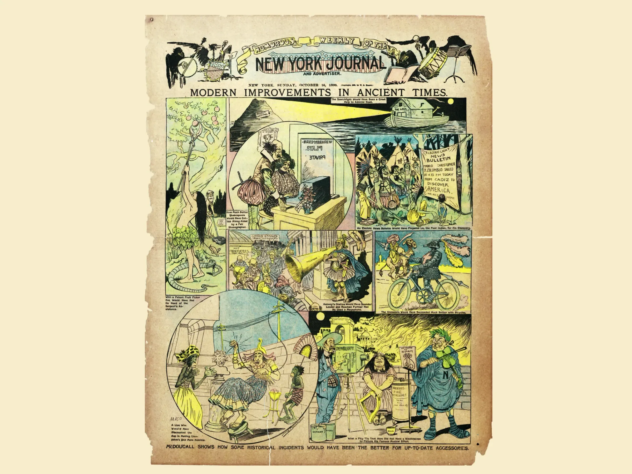 A vintage comic titled "Modern Improvements in Ancient Times" from the New York Journal, showing historical figures interacting with modern inventions humorously. The illustration features vibrant greens, blues, and browns.