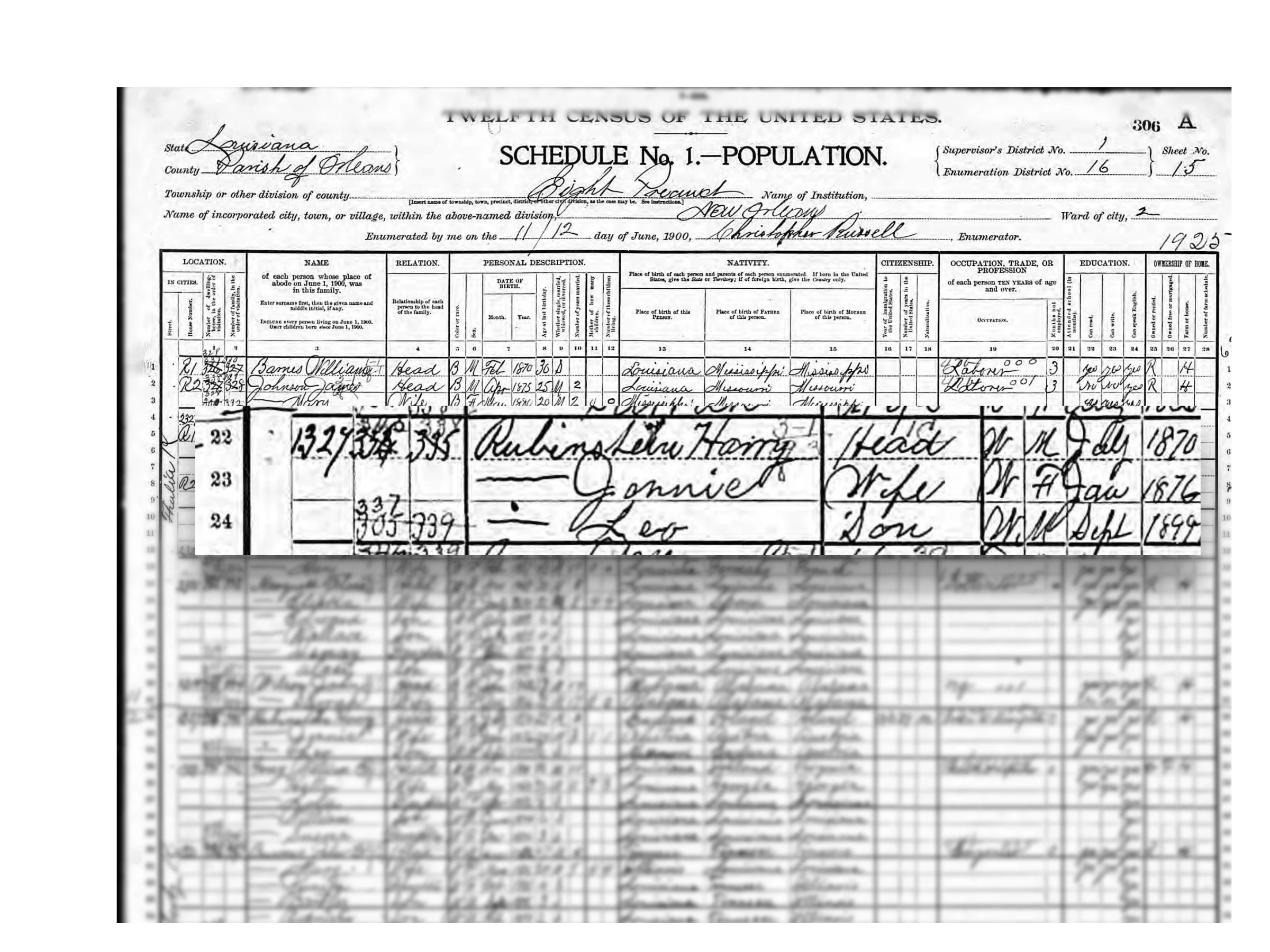 A 1900 U.S. Census document. A magnified inset displays household information for the Rubenstein family, including names, relationships, and ages, written in cursive.