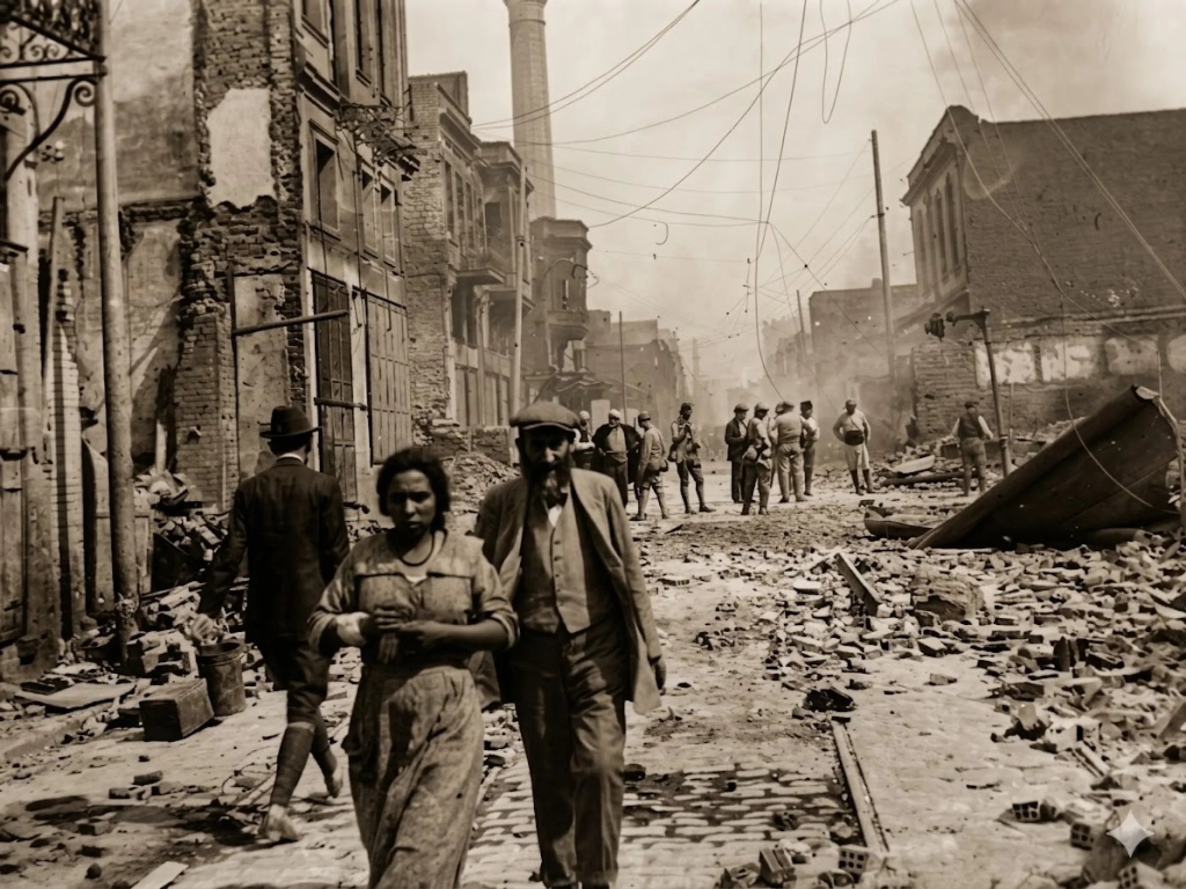 Sepia-toned early 20th century photo of a rubble-strewn urban street. A dark-skinned woman and man walk in the foreground; others are in the background, all among crumbling buildings and power lines.