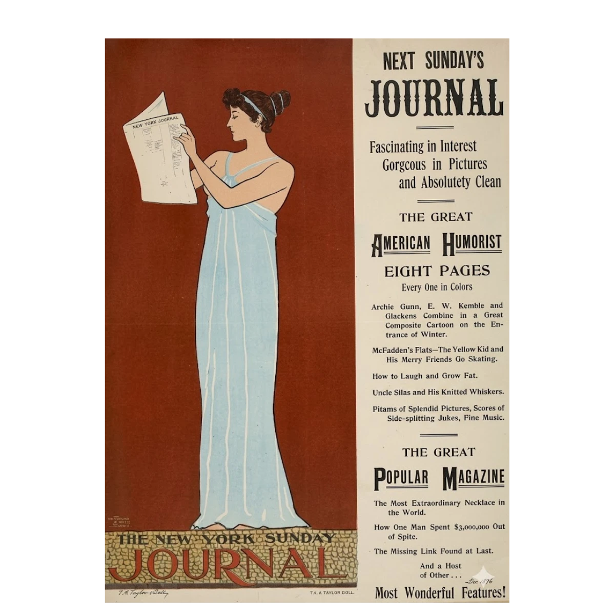A vintage advertisement for "The New York Sunday Journal" with the title displayed at the bottom in a mosaic-style border. An illustration of a light-skinned woman in a blue gown with pinned-up, dark hair stands before a deep red backdrop, reading a newspaper. To her left, listed columns and stories appear.