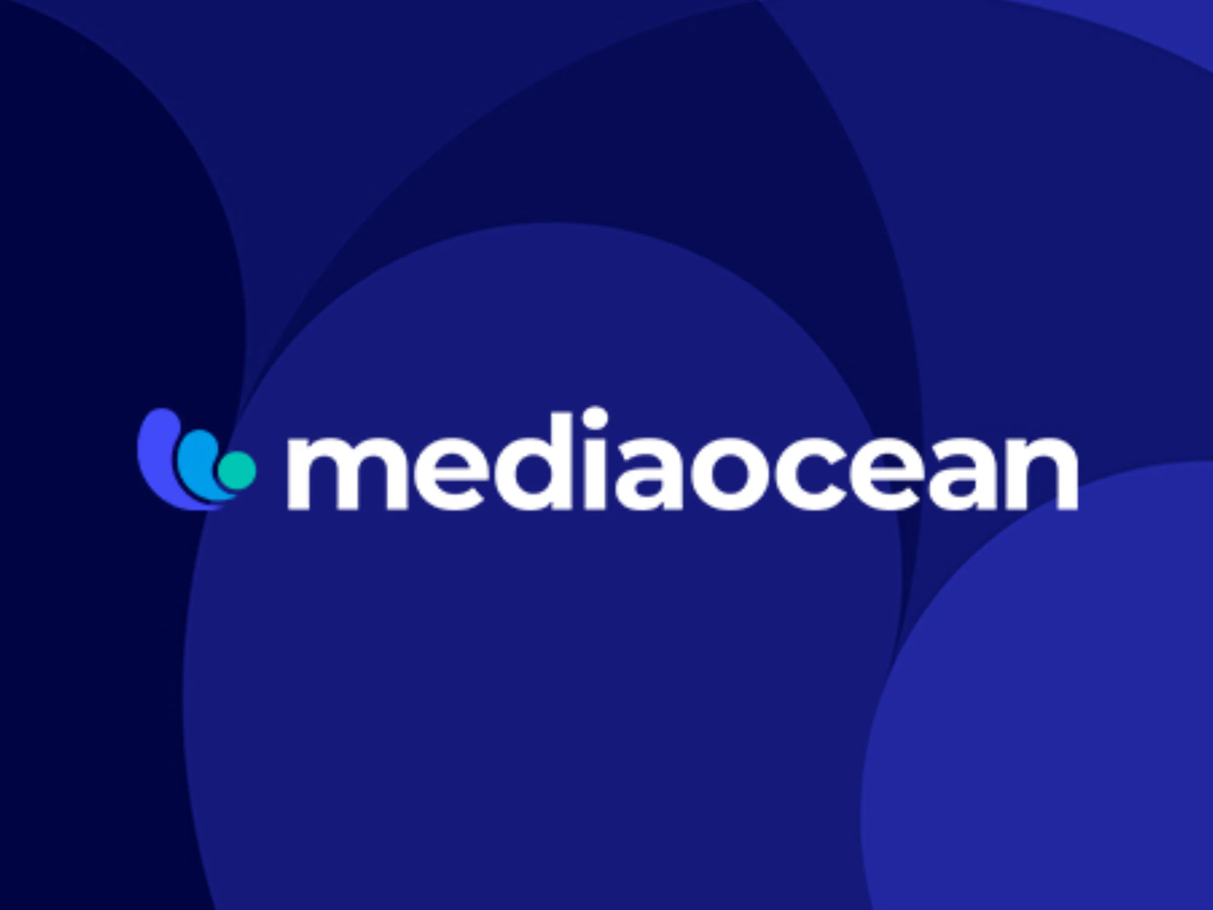 The mediaocean company name in white lowercase font and the company logo on a dark blue patterned background.