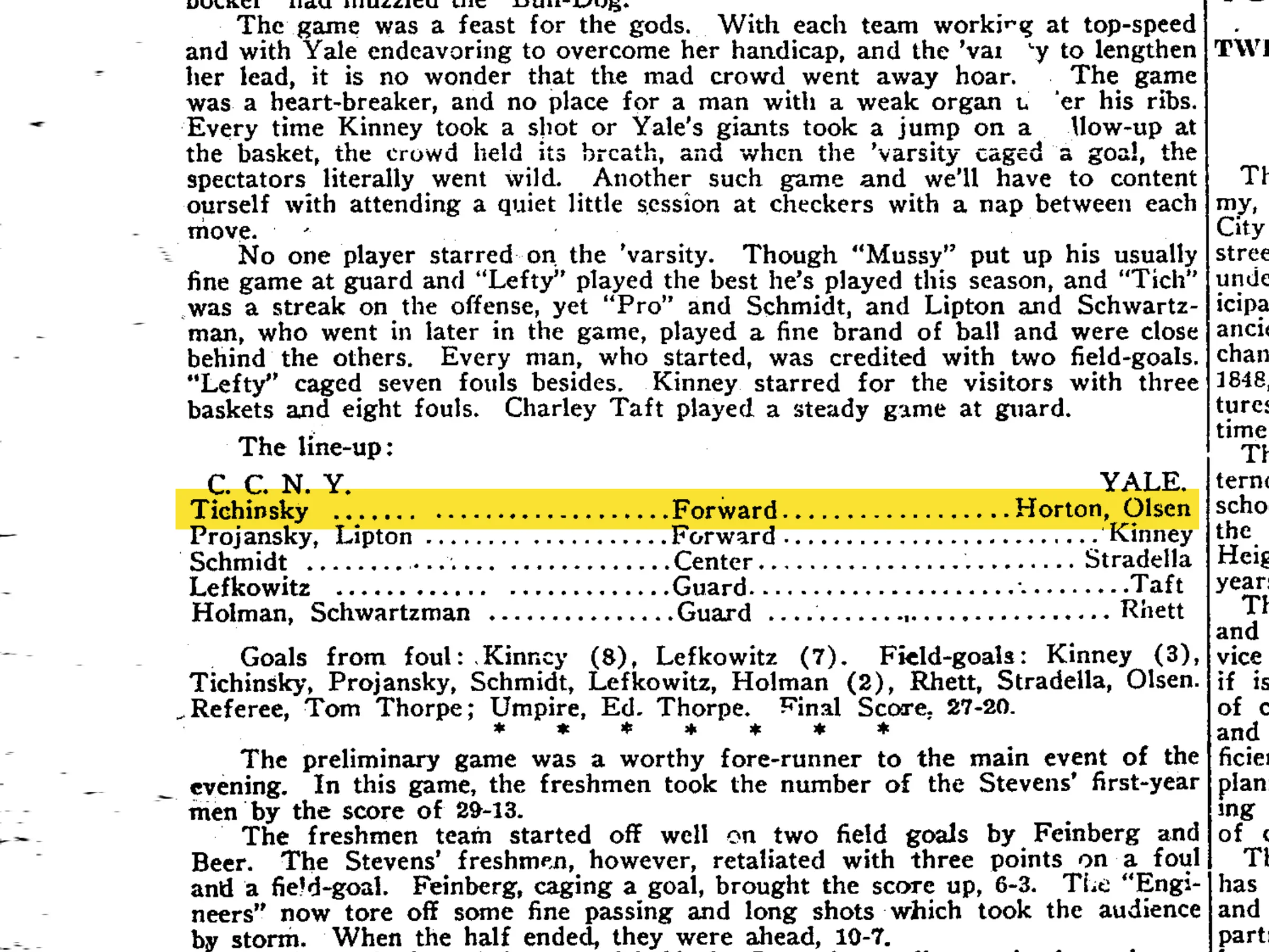 A historical newspaper clipping with a basketball game summary and rosters for C.C.N.Y. and Yale. The names "Tichinsky, Forward" and "Horton, Olsen" are highlighted within the player lists.