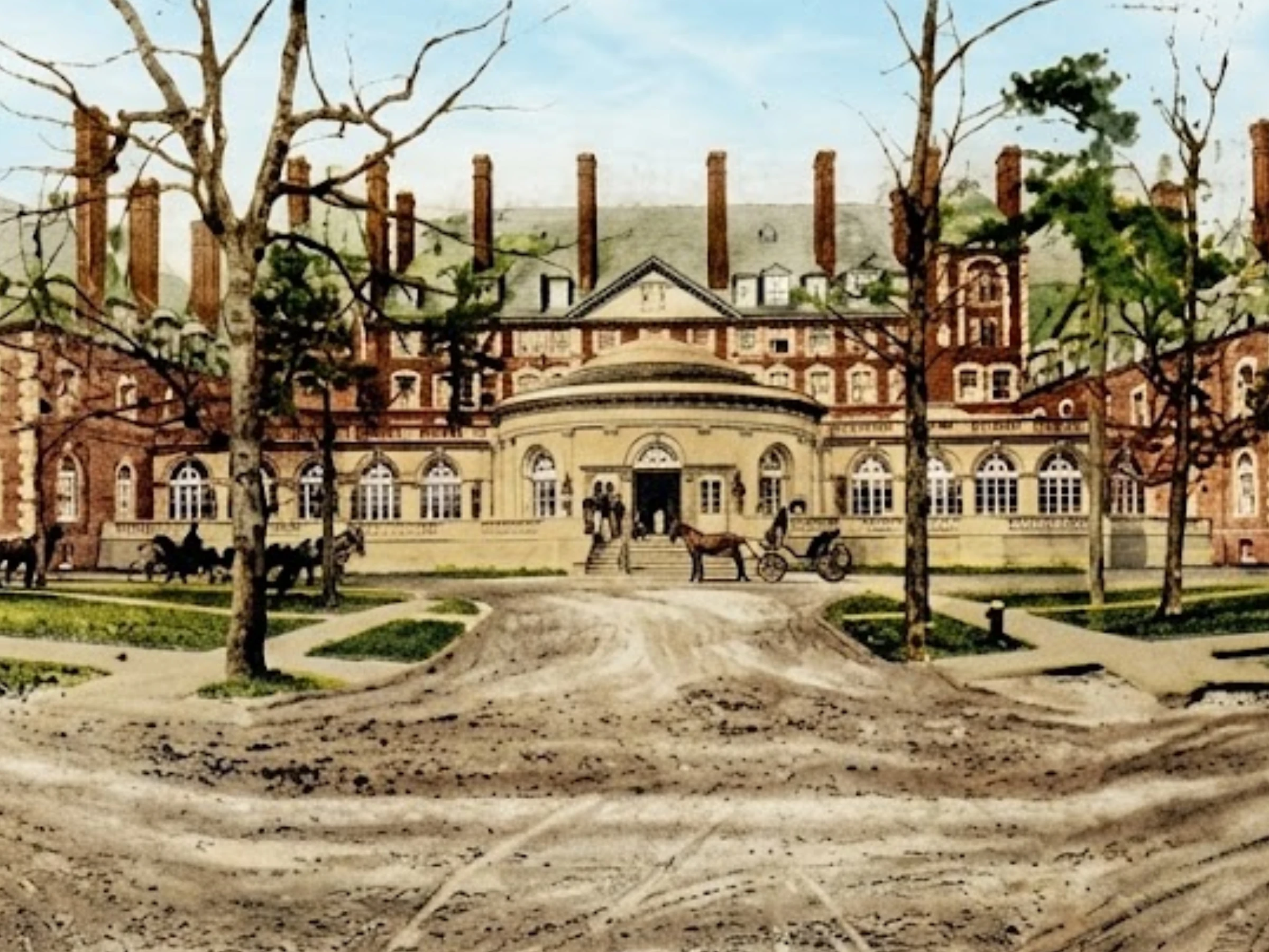 A colored illustration of the Pines Hotel in Lakewood, NJ, shows a grand building with large windows, a curved driveway, and a horse-drawn carriage at the front entrance.