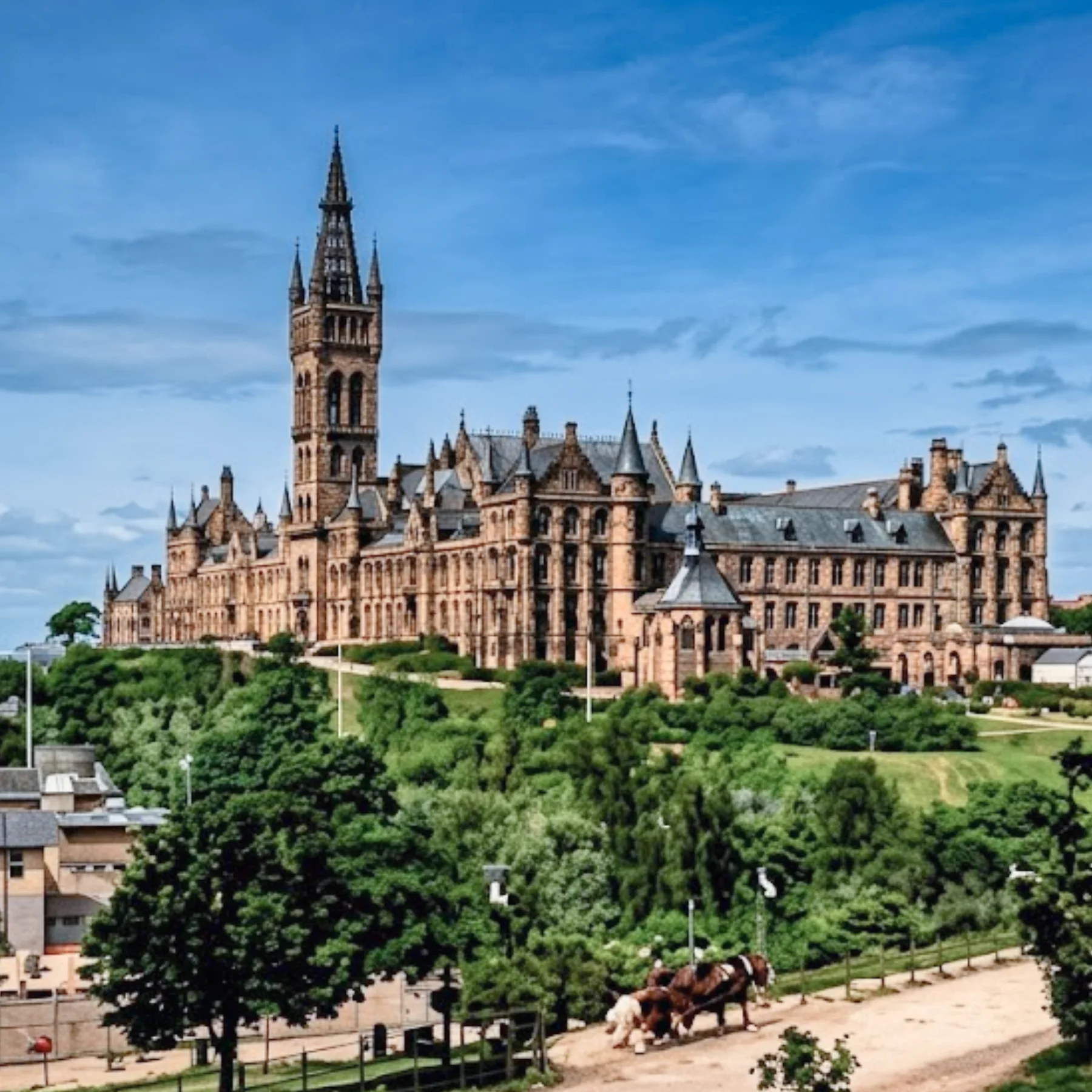 Wide-view, color image of a grand, castle-like university building featuring a tall central bell tower and stone spires, overlooking a lush, green hillside park with a path below. A bright blue sky with wisps of clouds backs the scene.